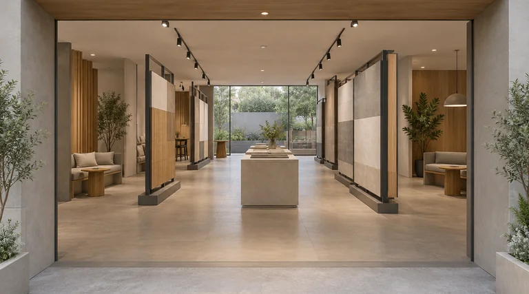 Interior comercial conceitual com entrada recuada, planos de exposição, cerâmica fosca e áreas de permanência.