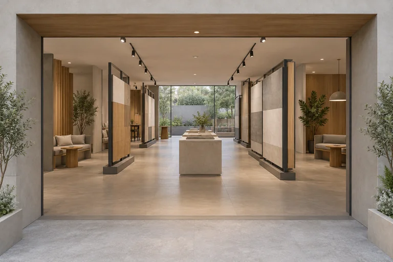 Interior comercial conceitual com entrada recuada, planos de exposição, cerâmica fosca e áreas de permanência.