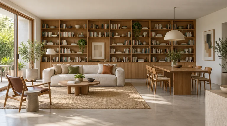 Interior conceitual com estante contínua de madeira, área de estar e mesa sob luz lateral suave.