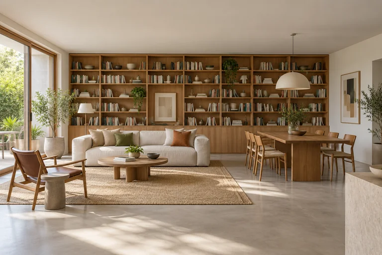 Interior conceitual com estante contínua de madeira, área de estar e mesa sob luz lateral suave.